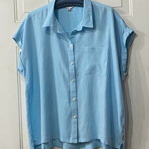 Orvis Sz XL Blouse Button Up Aqua Blue Cap Sleeve Linen/Rayon Pocket